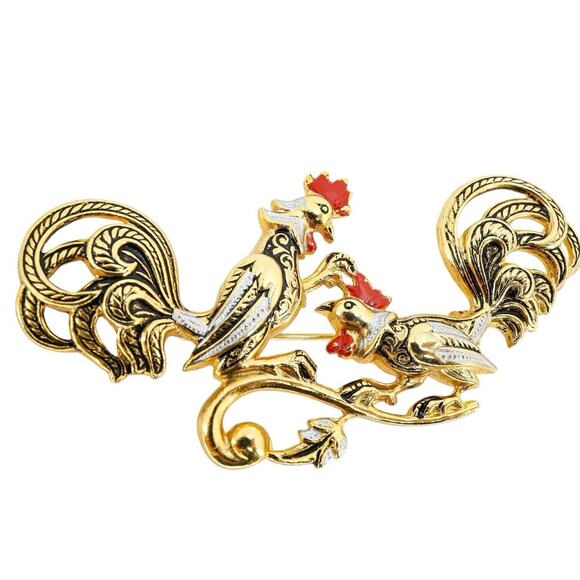 Damascene Jewelry - Huge Large Vintage Damascen Brooch W Fighting Roosters 2 3/4” Spain